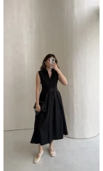 Keten Sıfır Kol Kuşaklı Elbise - Siyah - Kod: 580905