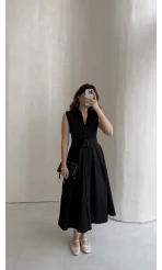 Keten Sıfır Kol Kuşaklı Elbise - Siyah - Kod: 580905