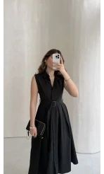 Keten Sıfır Kol Kuşaklı Elbise - Siyah - Kod: 580905