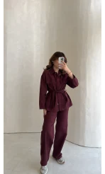 Bel Bağlamalı Önü Çıtçıtlı Kot Denim Takım - Bordo - Kod: 6038