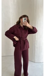 Bel Bağlamalı Önü Çıtçıtlı Kot Denim Takım - Bordo - Kod: 6038