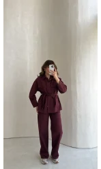 Bel Bağlamalı Önü Çıtçıtlı Kot Denim Takım - Bordo - Kod: 6038