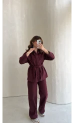 Bel Bağlamalı Önü Çıtçıtlı Kot Denim Takım - Bordo - Kod: 6038
