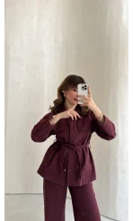 Bel Bağlamalı Önü Çıtçıtlı Kot Denim Takım - Bordo - Kod: 6038