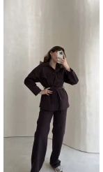 Bel Bağlamalı Önü Çıtçıtlı Kot Denim Takım - Acı Kahve - Kod: 6038