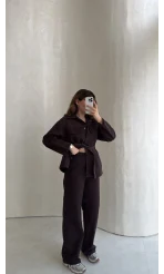 Bel Bağlamalı Önü Çıtçıtlı Kot Denim Takım - Acı Kahve - Kod: 6038