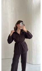 Bel Bağlamalı Önü Çıtçıtlı Kot Denim Takım - Acı Kahve - Kod: 6038