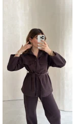 Bel Bağlamalı Önü Çıtçıtlı Kot Denim Takım - Acı Kahve - Kod: 6038