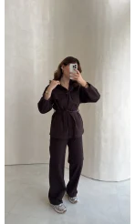 Bel Bağlamalı Önü Çıtçıtlı Kot Denim Takım - Acı Kahve - Kod: 6038