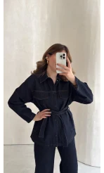 Bel Bağlamalı Önü Çıtçıtlı Kot Denim Takım - Lacivert - Kod: 6038