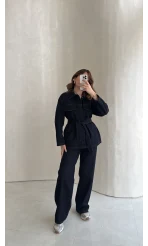 Bel Bağlamalı Önü Çıtçıtlı Kot Denim Takım - Lacivert - Kod: 6038