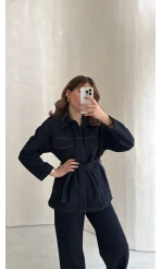 Bel Bağlamalı Önü Çıtçıtlı Kot Denim Takım - Lacivert - Kod: 6038