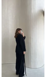 Bel Bağlamalı Önü Çıtçıtlı Kot Denim Takım - Lacivert - Kod: 6038