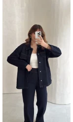 Bel Bağlamalı Önü Çıtçıtlı Kot Denim Takım - Lacivert - Kod: 6038