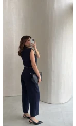 Kemerli Sıfır Kol Tulum - Lacivert - Kod: 580907