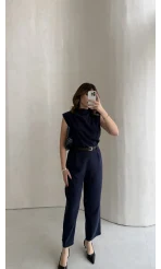 Kemerli Sıfır Kol Tulum - Lacivert - Kod: 580907