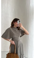 Flawless Modal Kumaş Asimetrik Kesim Etek Bluz Takım - Haki - Kod: 0931