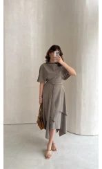 Flawless Modal Kumaş Asimetrik Kesim Etek Bluz Takım - Haki - Kod: 0931