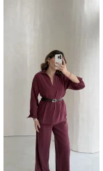Kemerli Bel Detaylı Gömlek Pantolon Takım - Bordo - Kod: 58485