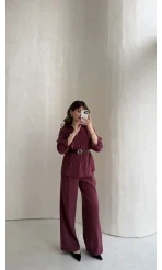 Kemerli Bel Detaylı Gömlek Pantolon Takım - Bordo - Kod: 58485