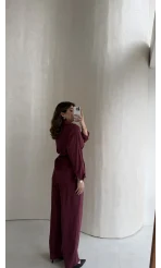 Kemerli Bel Detaylı Gömlek Pantolon Takım - Bordo - Kod: 58485