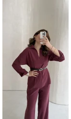 Kemerli Bel Detaylı Gömlek Pantolon Takım - Bordo - Kod: 58485