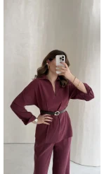 Kemerli Bel Detaylı Gömlek Pantolon Takım - Bordo - Kod: 58485