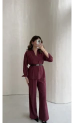 Kemerli Bel Detaylı Gömlek Pantolon Takım - Bordo - Kod: 58485