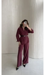 Kemerli Bel Detaylı Gömlek Pantolon Takım - Bordo - Kod: 58485