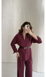 Kemerli Bel Detaylı Gömlek Pantolon Takım - Bordo - Kod: 58485