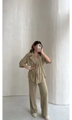 Dökümlü Beli Bağlamalı Takım - Haki - Kod: 8099