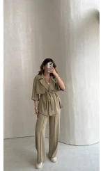 Dökümlü Beli Bağlamalı Takım - Haki - Kod: 8099