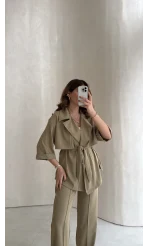 Dökümlü Beli Bağlamalı Takım - Haki - Kod: 8099