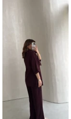 Dökümlü Beli Bağlamalı Takım - Bordo - Kod: 8099