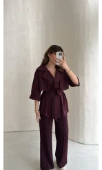Dökümlü Beli Bağlamalı Takım - Bordo - Kod: 8099