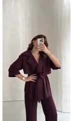 Dökümlü Beli Bağlamalı Takım - Bordo - Kod: 8099