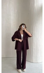 Dökümlü Beli Bağlamalı Takım - Bordo - Kod: 8099