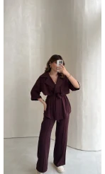 Dökümlü Beli Bağlamalı Takım - Bordo - Kod: 8099