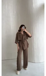 Dökümlü Beli Bağlamalı Takım - Kahve - Kod: 8099