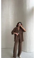 Dökümlü Beli Bağlamalı Takım - Kahve - Kod: 8099