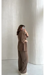 Dökümlü Beli Bağlamalı Takım - Kahve - Kod: 8099