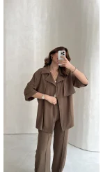 Dökümlü Beli Bağlamalı Takım - Kahve - Kod: 8099