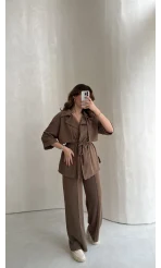 Dökümlü Beli Bağlamalı Takım - Kahve - Kod: 8099