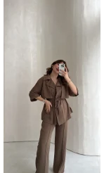 Dökümlü Beli Bağlamalı Takım - Kahve - Kod: 8099