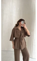 Dökümlü Beli Bağlamalı Takım - Kahve - Kod: 8099