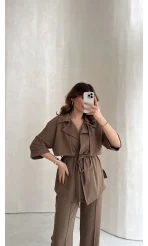 Dökümlü Beli Bağlamalı Takım - Kahve - Kod: 8099