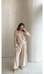 Madonna Yaka Bluz Geniş Paça Pantolon Takım - Taş - Kod: 0957