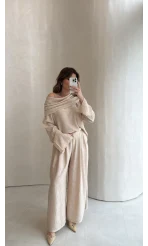 Madonna Yaka Bluz Geniş Paça Pantolon Takım - Taş - Kod: 0957