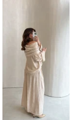 Madonna Yaka Bluz Geniş Paça Pantolon Takım - Taş - Kod: 0957