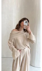 Madonna Yaka Bluz Geniş Paça Pantolon Takım - Taş - Kod: 0957